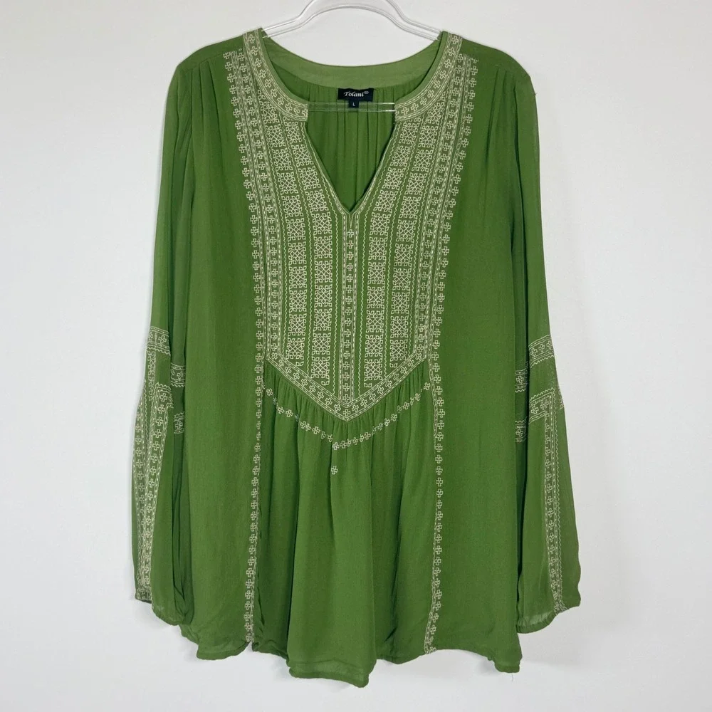 Tolani Lauren Style Lime Green Embroidered Boho Tunic Blouse 100% Viscose Large - Picture 4 of 14